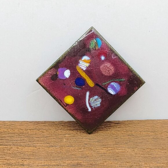 Unique Handmade Vintage Copper Enamel Brooch Diamond Shaped - Picture 2 of 4